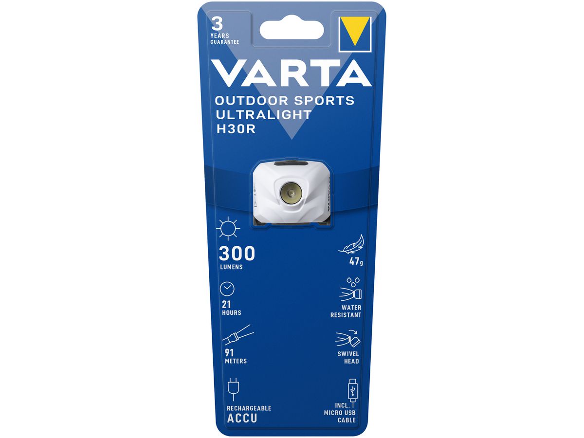 LED-Stirnlampe VARTA Outdoor Sports Ultralight H30R 300lm, Li-Akku, weiss