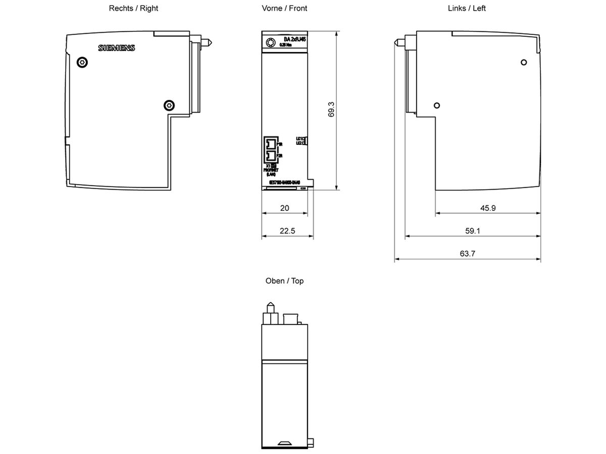 SPS-Busadapter Siemens SIMATIC ET200SP BA 2×RJ45, PROFINET
