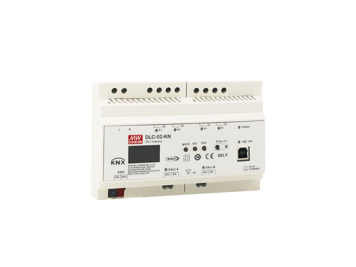 REG-Gateway KNX/DALI MEAN WELL DLC-02-KN, DALI-2, 2×64 TN, 4×NO (250V/5A)