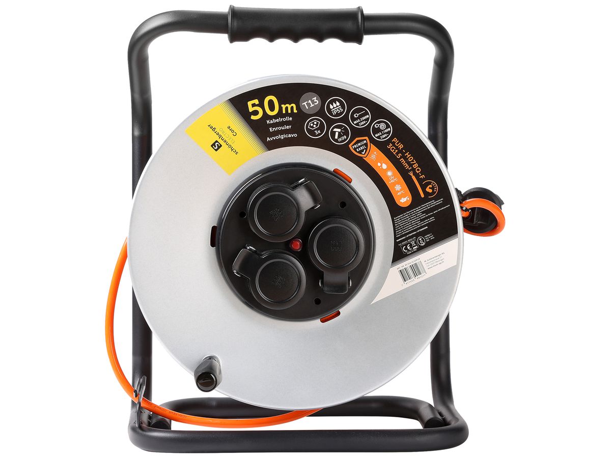 Kabelrolle Schönenberger Stecker:T13 Steckdose:3×T13 50m IP55 Silber