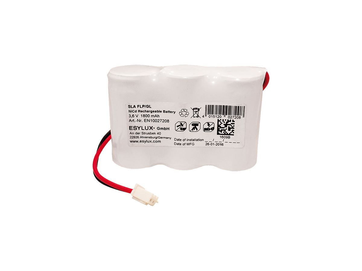 Akku ESYLUX für SLA FLP/GL NiCd, 3.6V/1800mAh, Kabel 230mm, 65×20×45mm