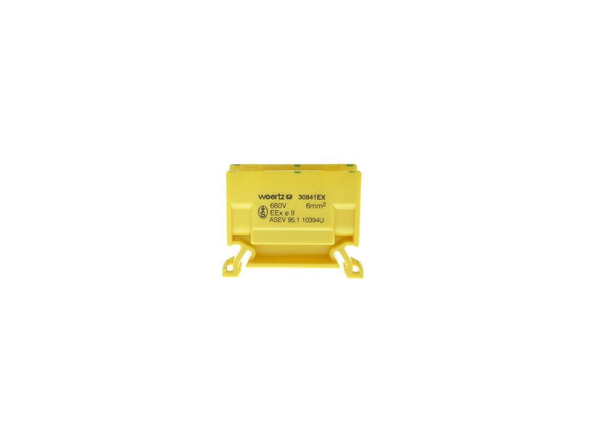 Abzweigklemme Woertz Ex 2.5…6mm² 41A 750V Schraubanschluss 2×1 TH35 grün/gelb
