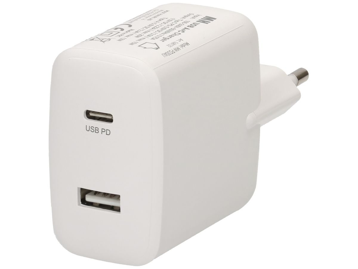 USB-Ladegerät MAX HAURI 1×A+1×C PD 30W 5/9VDC 2.4/2A T26 240VAC weiss