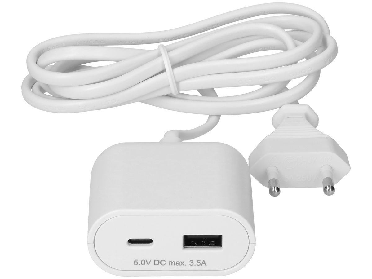 USB-Ladegerät MAX HAURI 1×A+1×C 17.5W 5VDC 3.5A T26 1.5m 240VAC weiss