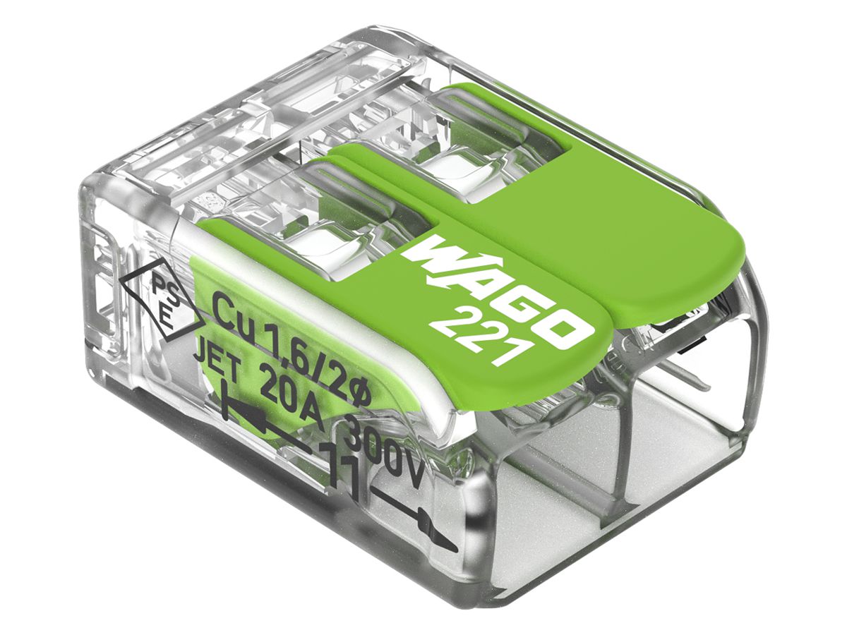 Dosenklemme WAGO 221-422 mit Hebel in Blister 16×2L 0.2…4mm² 32A 450V grün