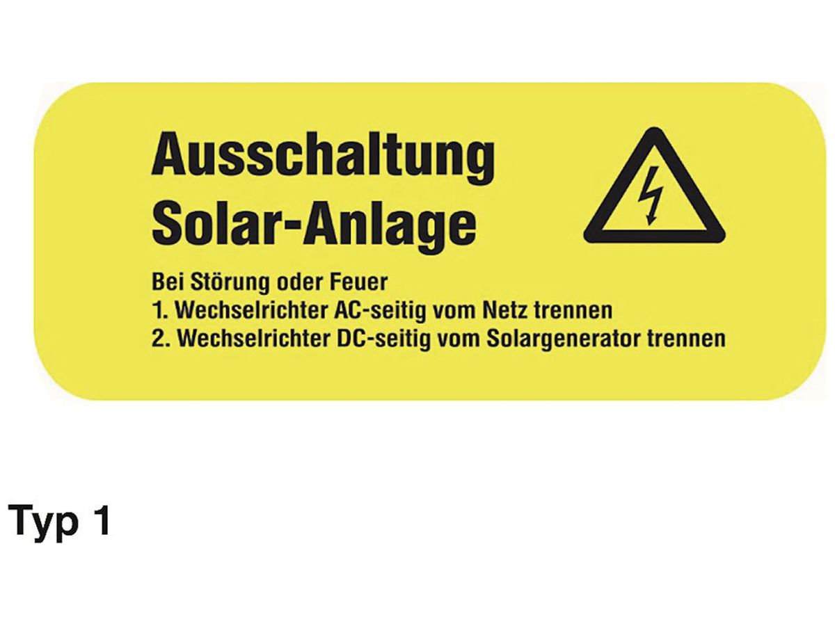 Etikette Plica EET UV SO Typ 1 "Ausschaltung Solar-Anlage" 40×90mm gelb
