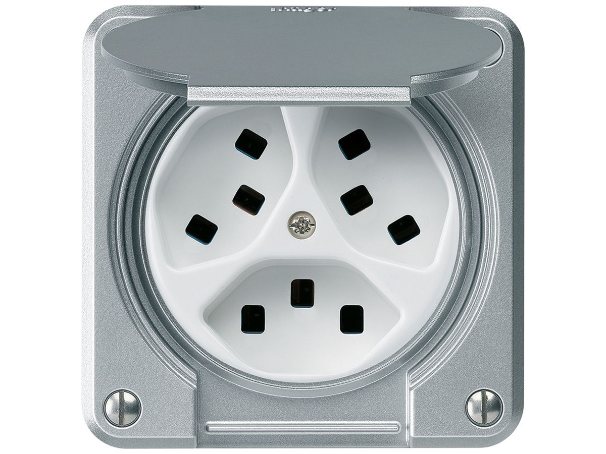 Steckdose Hager robusto, 3×T23, mit Klappdeckel A, aluminium