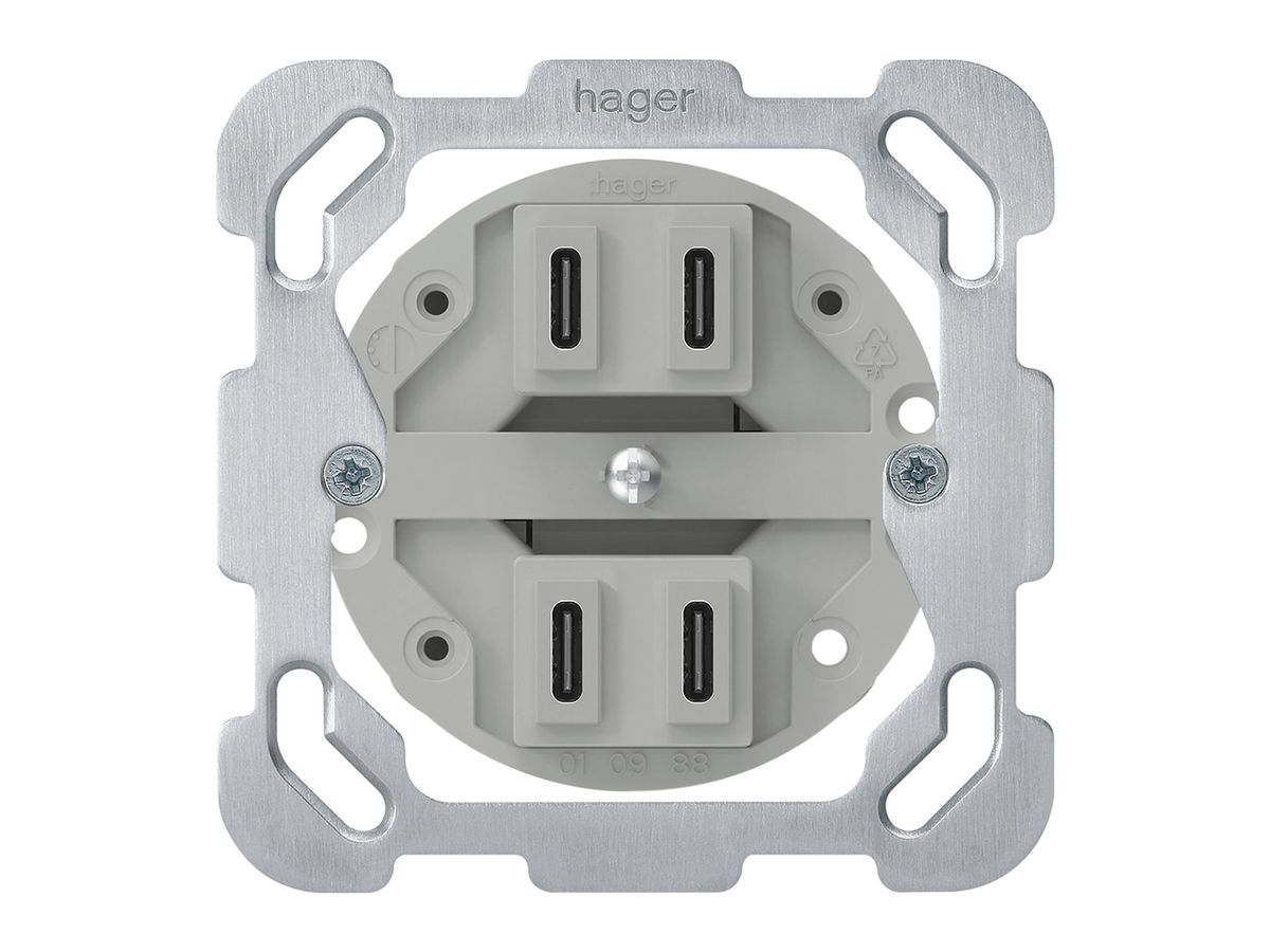 UP-USB-Ladesteckdose Hager 2×C-C 2×20W oder 4×10W 5V 77×77mm aluminium