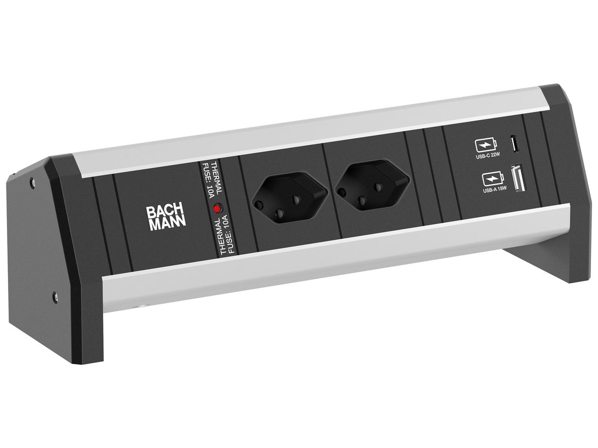 Tischsteckdosenleiste BACHMANN DESK 2×T13 1×USB-A 18W 1×USB-C PD 22W 0.2m sz