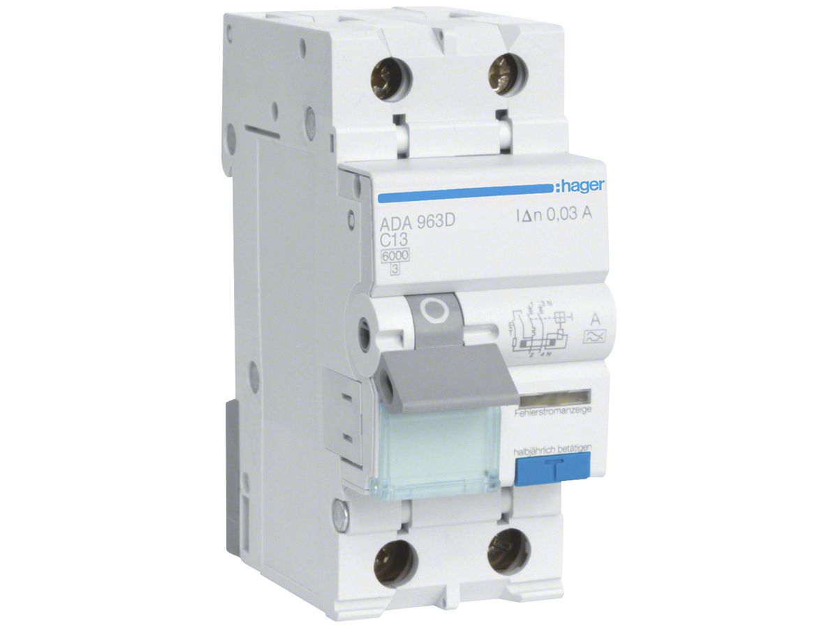 FI/LS-Schalter Hager RCBO 2P 240V Charakteristik C 13A 0.03A Typ A 6kA 2TE