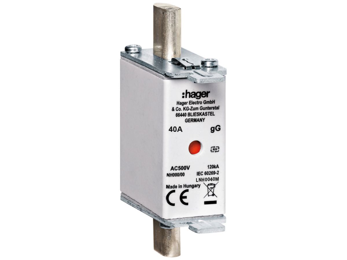 NH-Sicherung Hager DIN000 500VAC 40A gG/gL Doppelkennmelder rostgeschützt