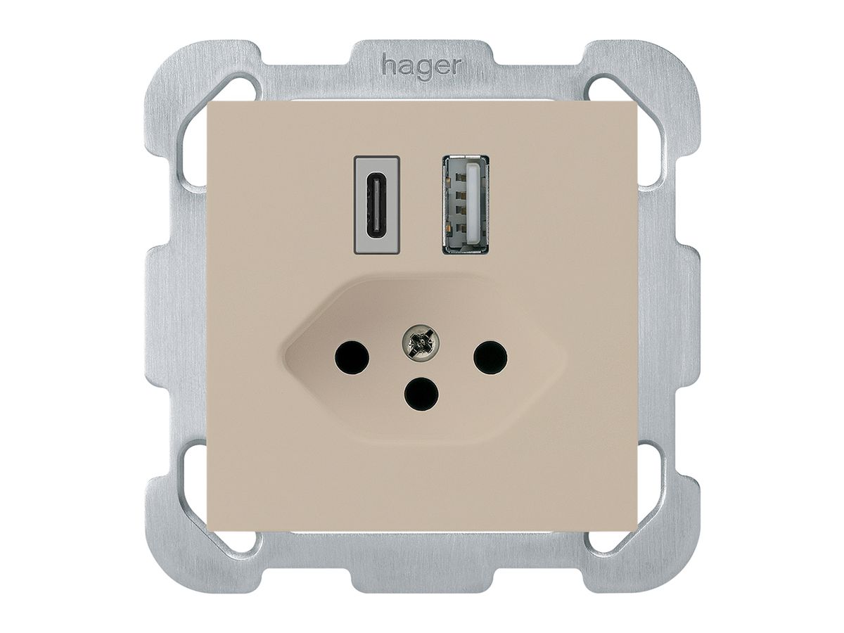 UP-USB-Ladesteckdose kallysto 18W PD 1×Typ A 1×Typ C T13 m.Befestigungspl. beige