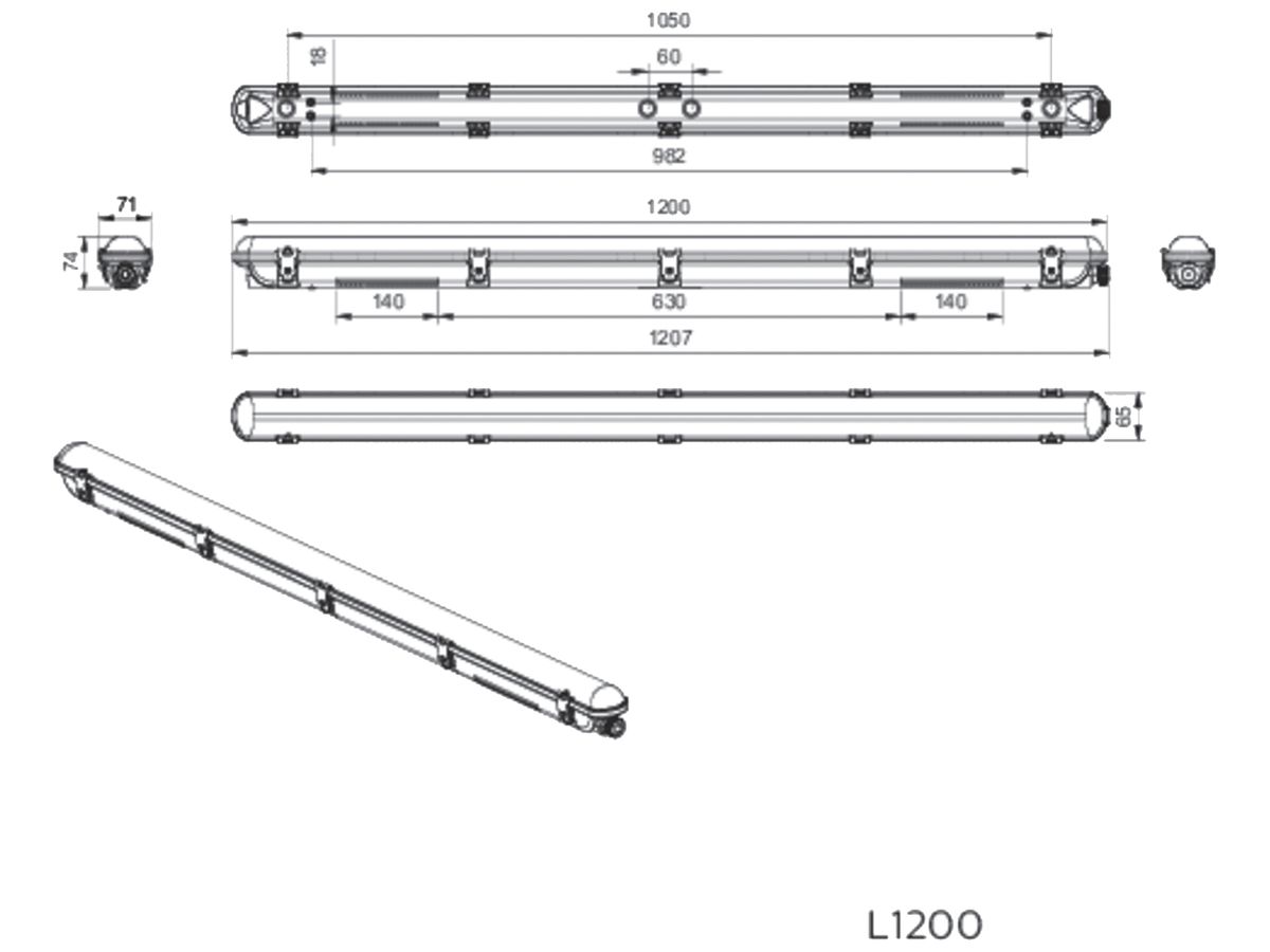 LED-Feuchtraumleuchte MAZDA WT007C 42W 4800lm 4000K IP65 1207mm grau