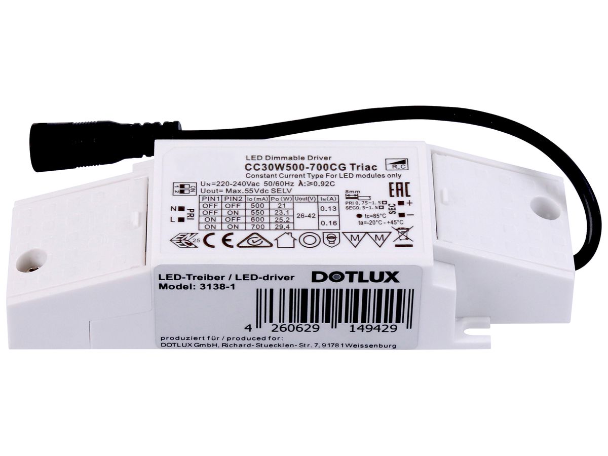 LED-Konverter DOTLUX IP20 13…30W 26…42V 500…700mA DIM