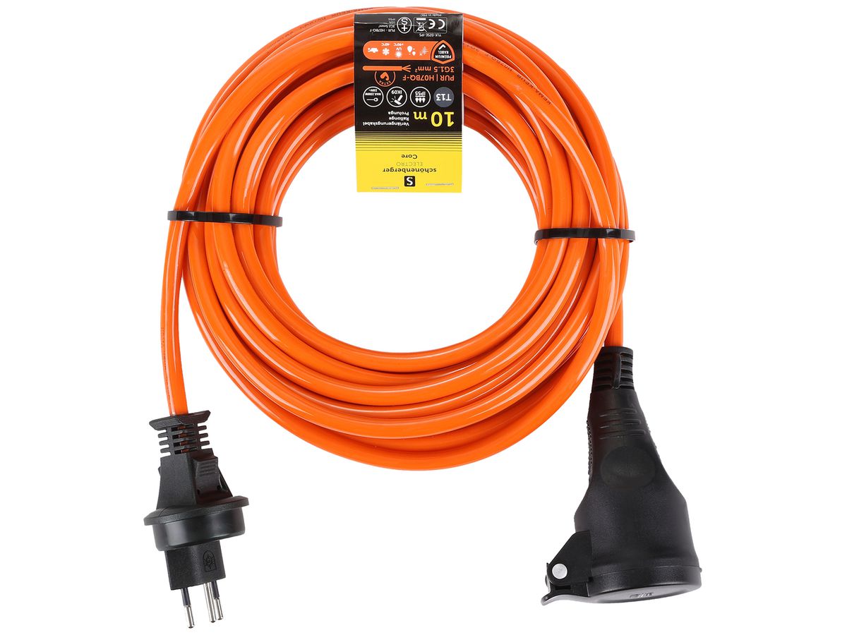 Verlängerungskabel PUR 10A 230V Stecker Typ 13 Kupplung Typ 13 Ø15mm 10m orange
