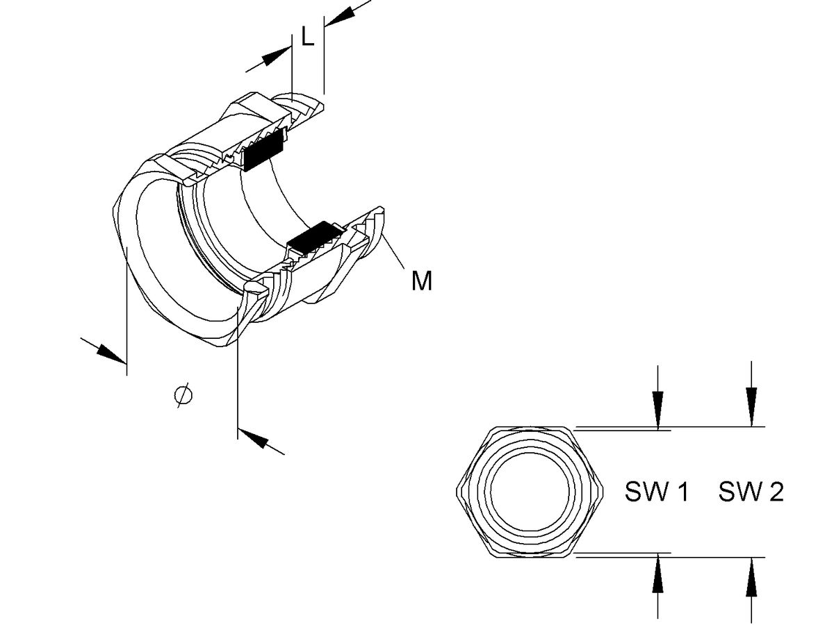 Kabelverschraubung Messing M40 31…33mm Gewinde kurz Sechskant-Zwischenstutzen