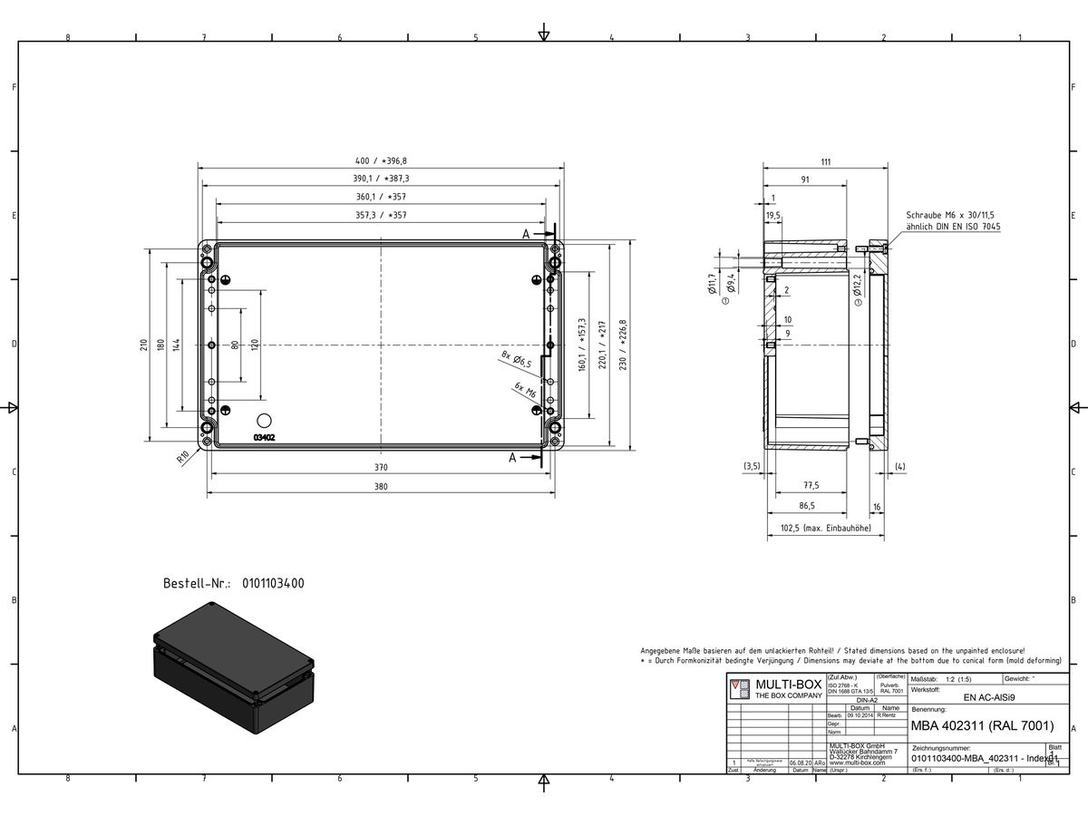 Aluminiumgehäuse SWIB ENSTO AG 230×400×110mm IP66 grau