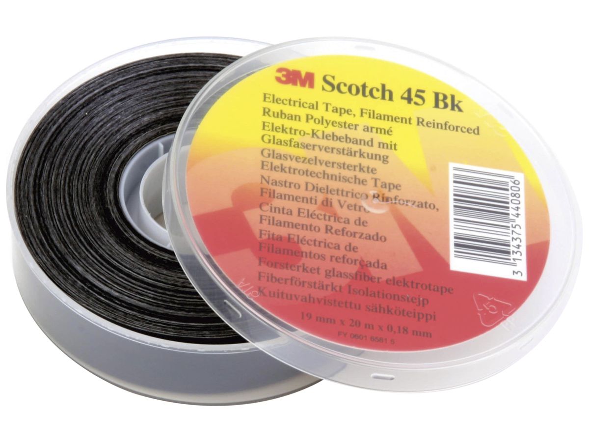 Isolierband Scotch 45Bk, 19mm×0.2mm×20m, Polyester/Glasfaser, schwarz