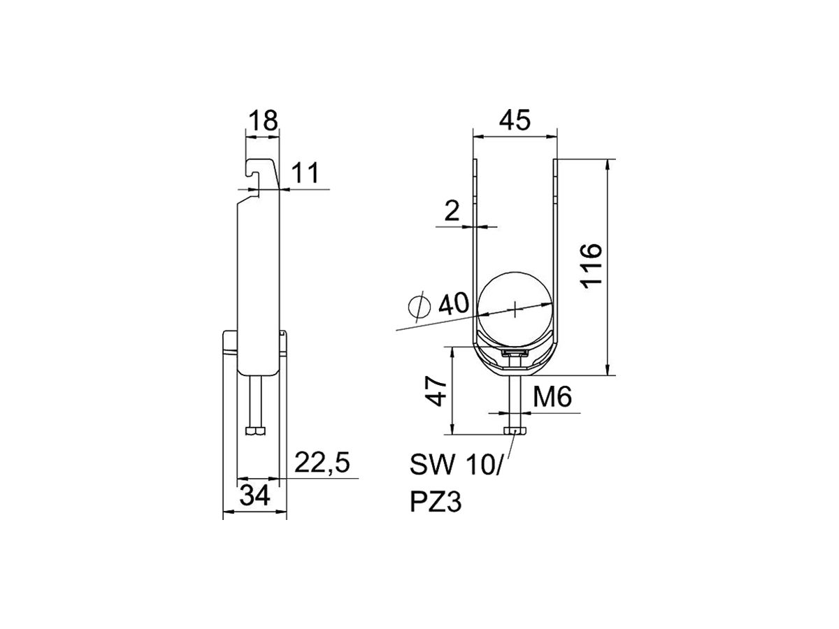 Schnellverleger BET 2056 U-Fuss Kunststoff 34…40mm 2×Kabel Stahl tfZn