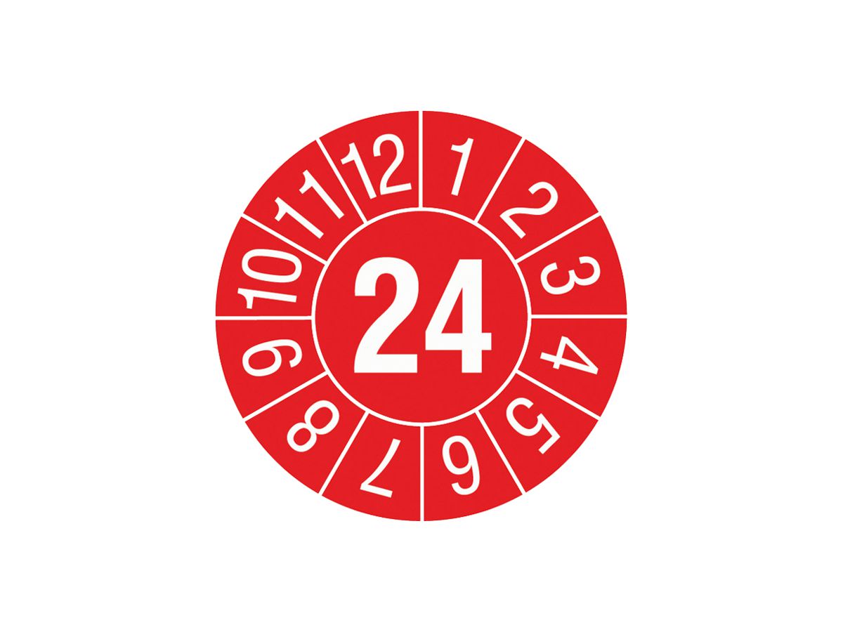 Prüfplakette CIMCO 24 (Jahr) und 1…12 (Monat) Ø30mm rot