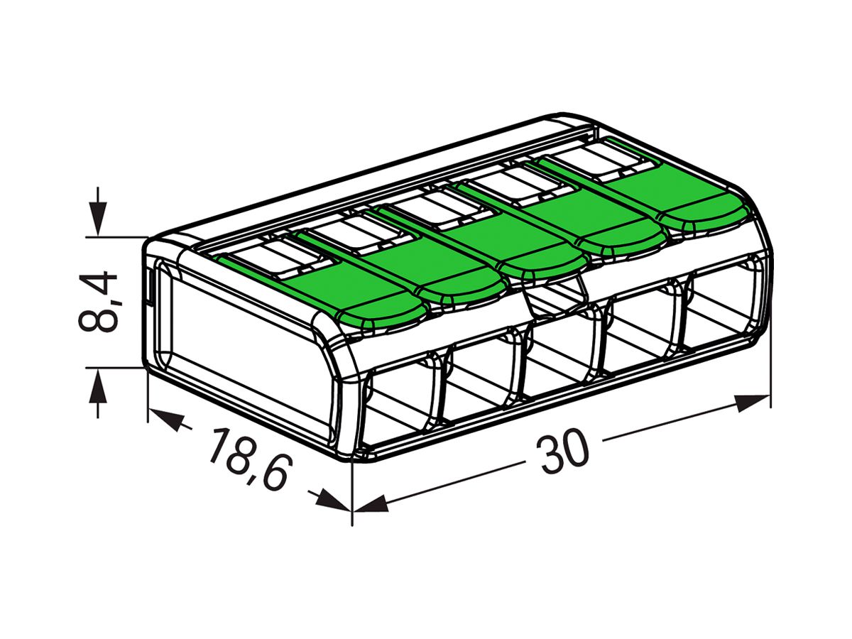 Dosenklemme WAGO 221-425 mit Hebel in Box 25×5L 0.2…4mm² 32A 450V grün