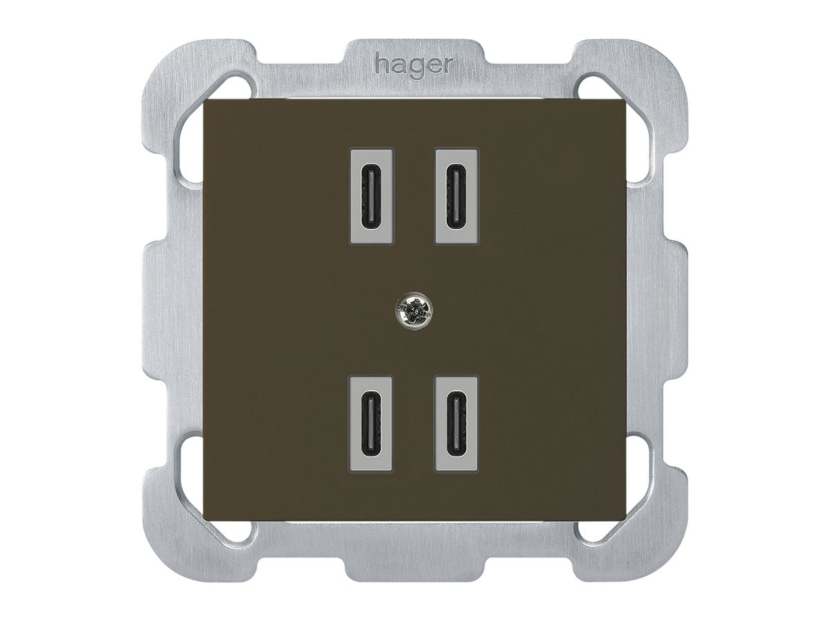 UP-USB-Ladesteckdose Hager kallysto 2×C-C 2×20W oder 4×10W 5V 77×77mm braun