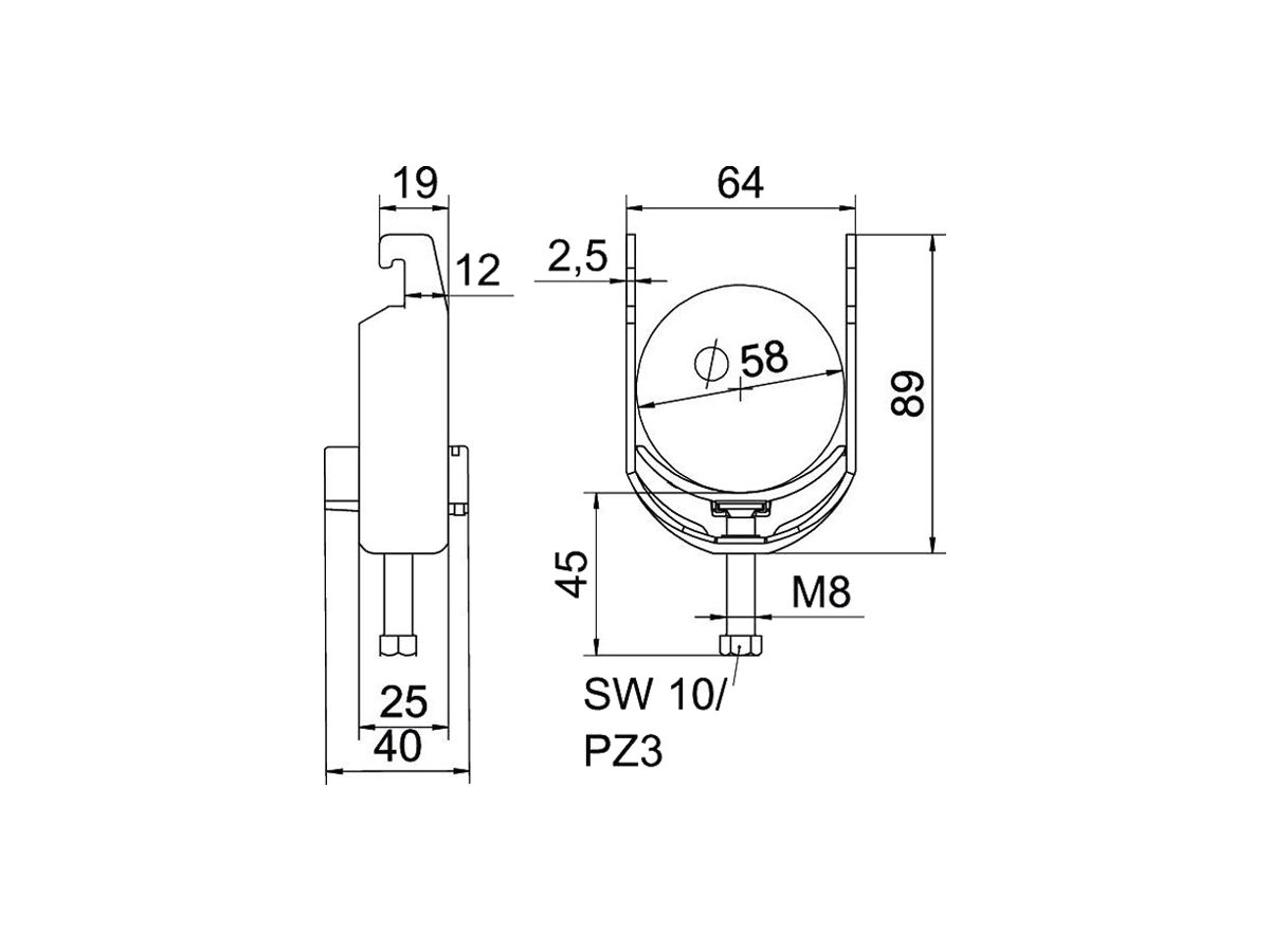 Schnellverleger BET 2056 U-Fuss Kunststoff 52…58mm 1×Kabel Stahl tfZn