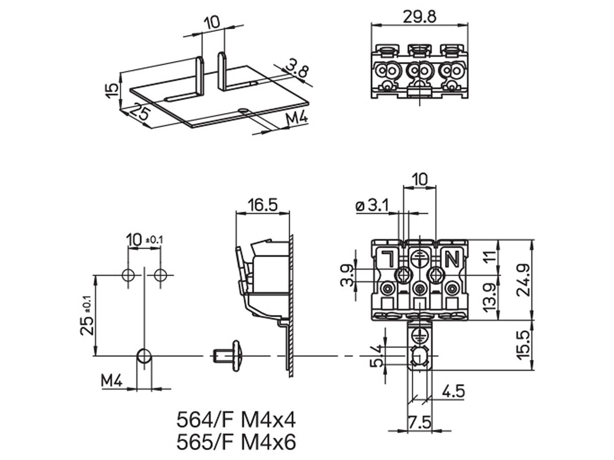Verbindungsklemme 3P 0.5…2.5mm² Betätigungshebeln Erdungsbügel ws