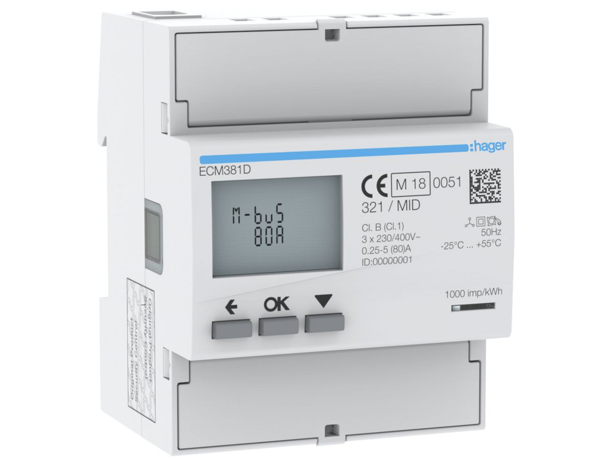 REG-Energiezähler HA ECM381D 3P direkt 80A M-Bus MID Import+Export 2T+2T