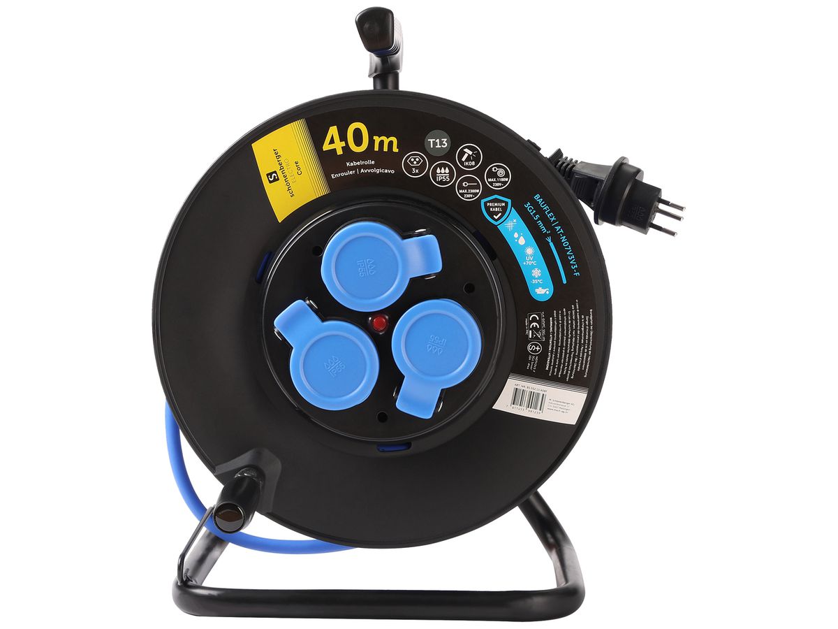 Kabelrolle Schönenberger Stecker:T13 Steckdose:3×T13 40m IP55 schwarz