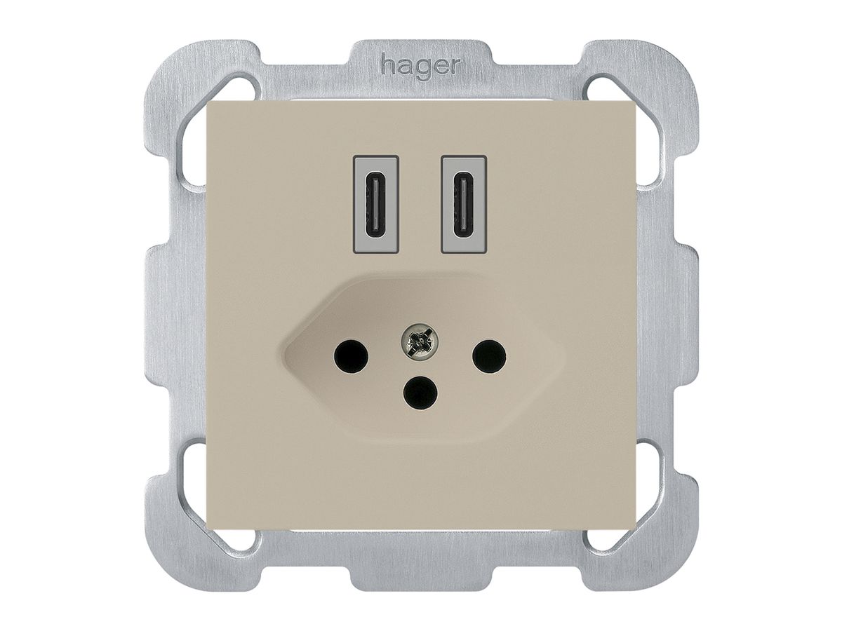 UP-USB-Ladesteckdose Hager kallysto C-C 20W+T13 5V 77×77mm beige