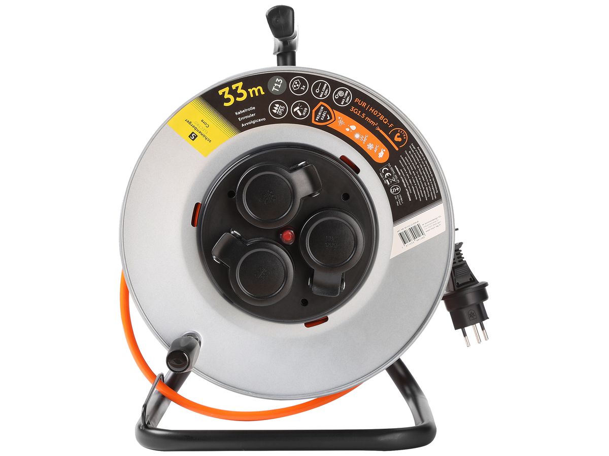 Kabelrolle Schönenberger Stecker:T13 Steckdose:3×T13 33m IP55 Silber