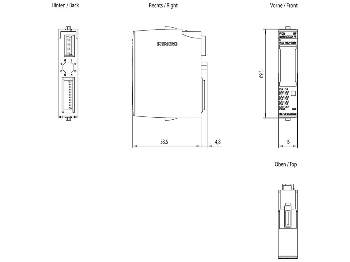 SPS-Elektronikmodul Siemens SIMATIC ET200SP F-DQ 8×24VDC/0.5 A PP HF A0