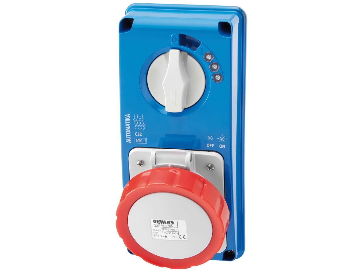 AP-Steckdose CEE Gewiss IB 5P 16A 380…415V rt 6h mecha.Verriegelung Automat IP67