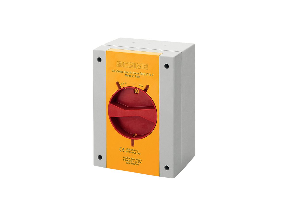 AP-Drehschalter Scame 63A 690V 0/4L Griff rt/gb 160×220×115mm IP66