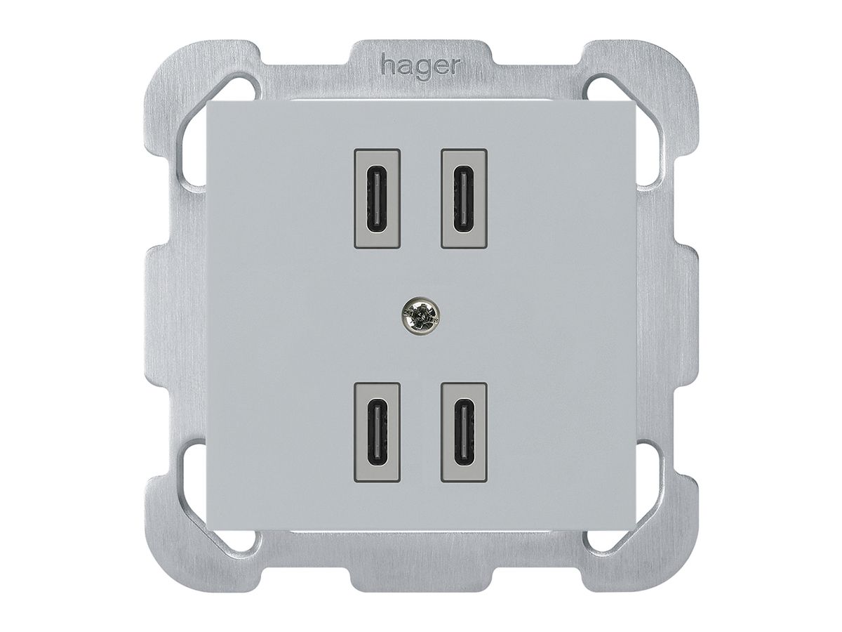 UP-USB-Ladesteckdose Hager kallysto 2×C-C 2×20W oder 4×10W 5V 77×77mm grau