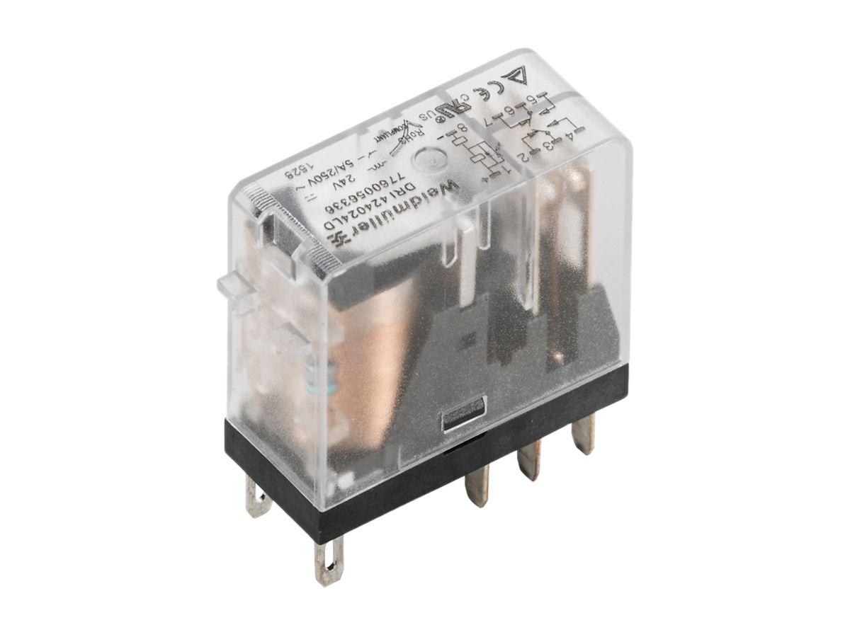 Relais Weidmüller, 24VDC, LED grün, Freilaufdiode, 2 Wechsler, 250VAC, 5A