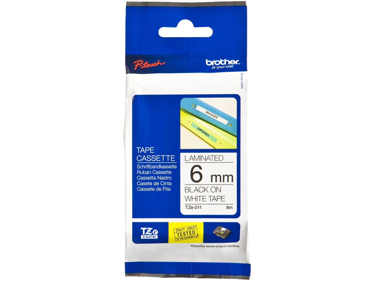 Schriftbandkassette Brother TZe 6mm×8m, weiss/schwarz