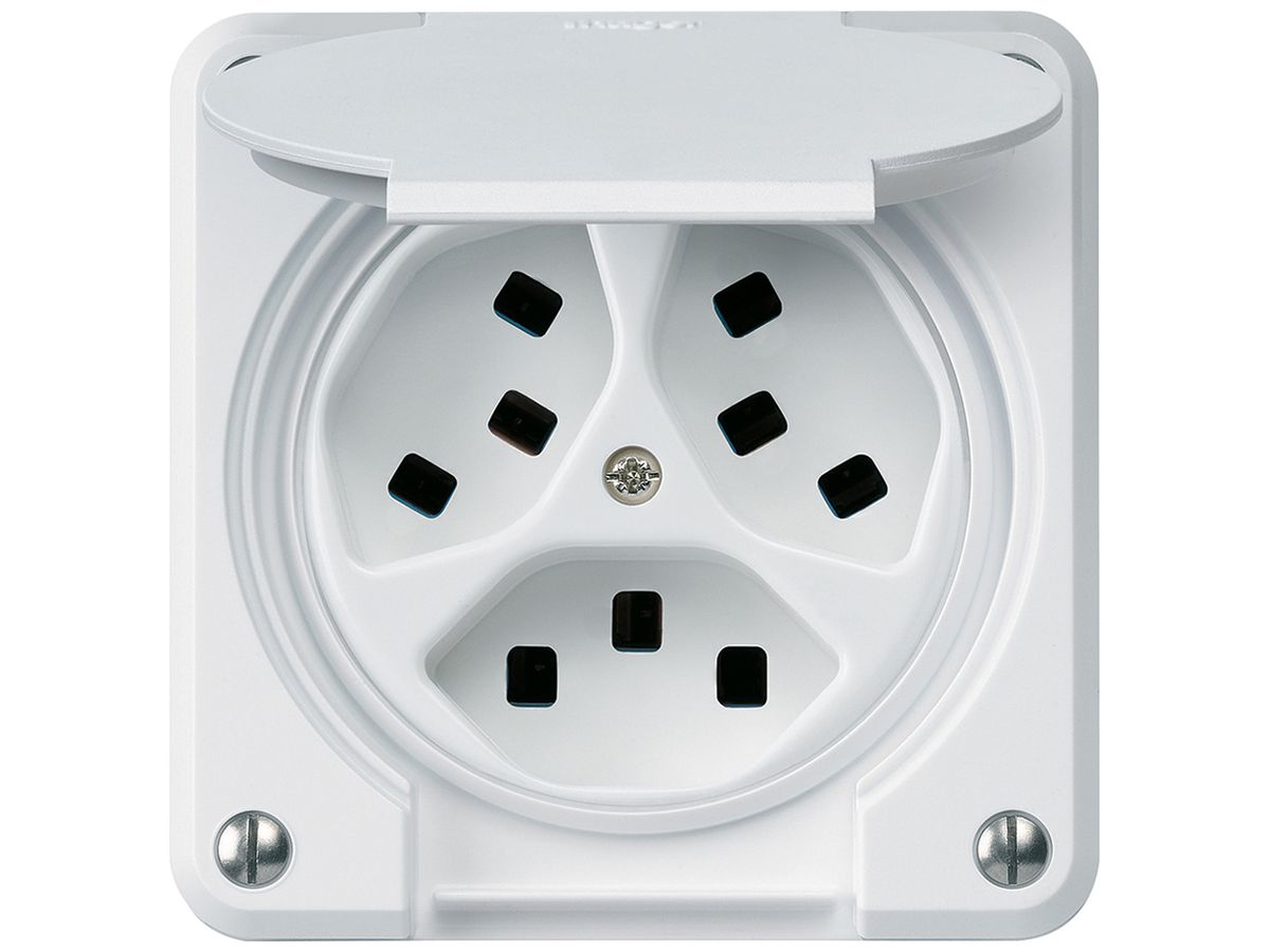 Steckdose Hager robusto, 3×T23, mit Klappdeckel A, weiss