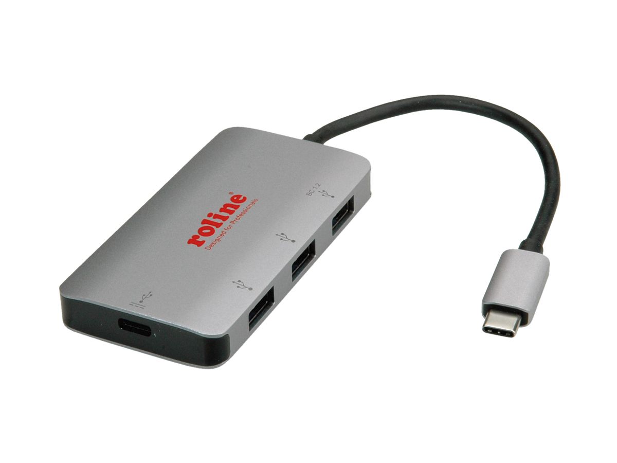 USB Hub ROLINE, USB-C → 3×USB-A (USB 3.2 Gen1), 1×USB-C PD, 5Gbit/s, Aluminium