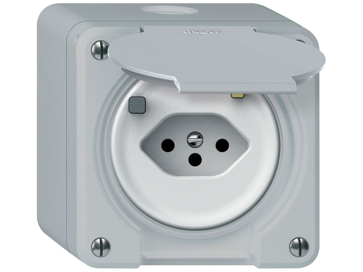 AP-Steckdose FI robusto 1×T13 30mA 10A 250V 86×86mm IP21 grau