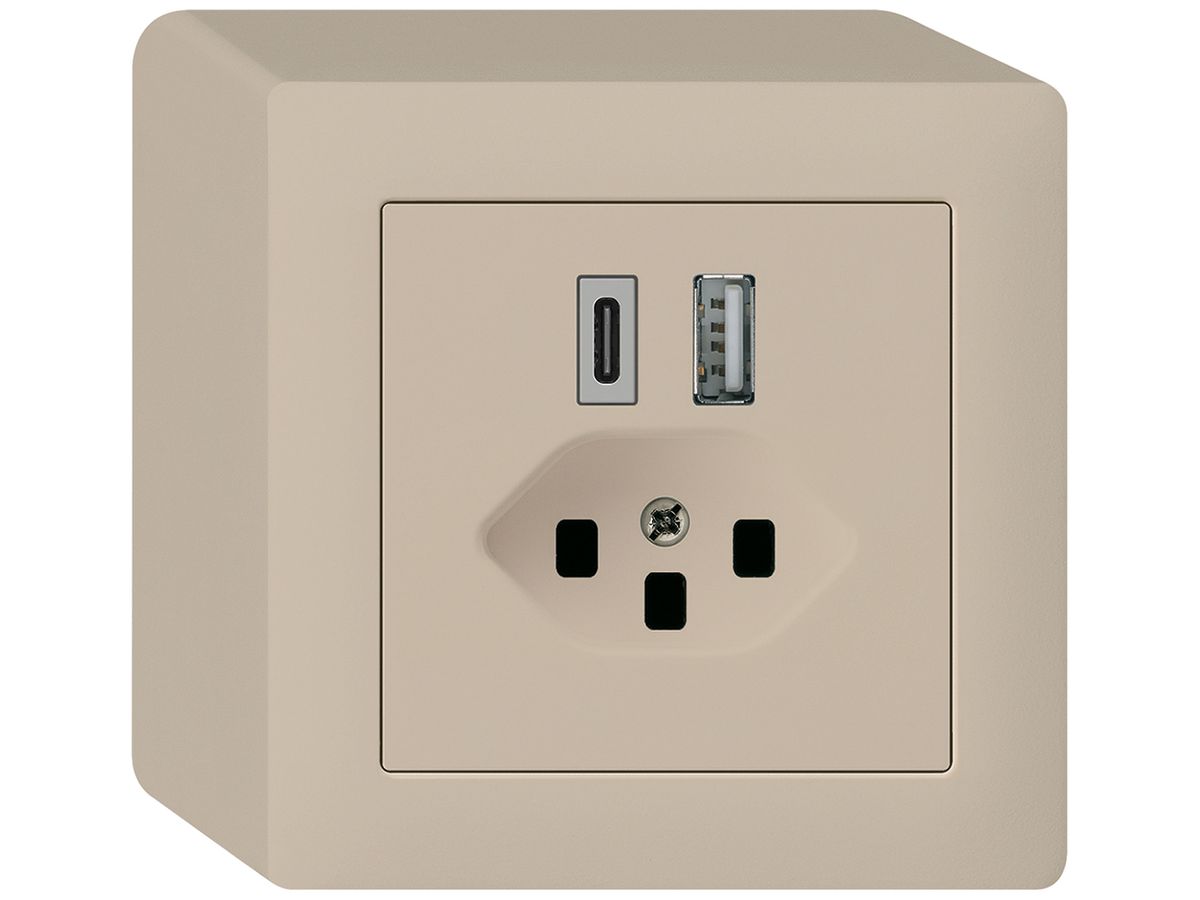 AP-USB-Ladesteckdose kallysto 18W PD 1×Typ A 1×Typ C T23 AP-Gehäuse beige