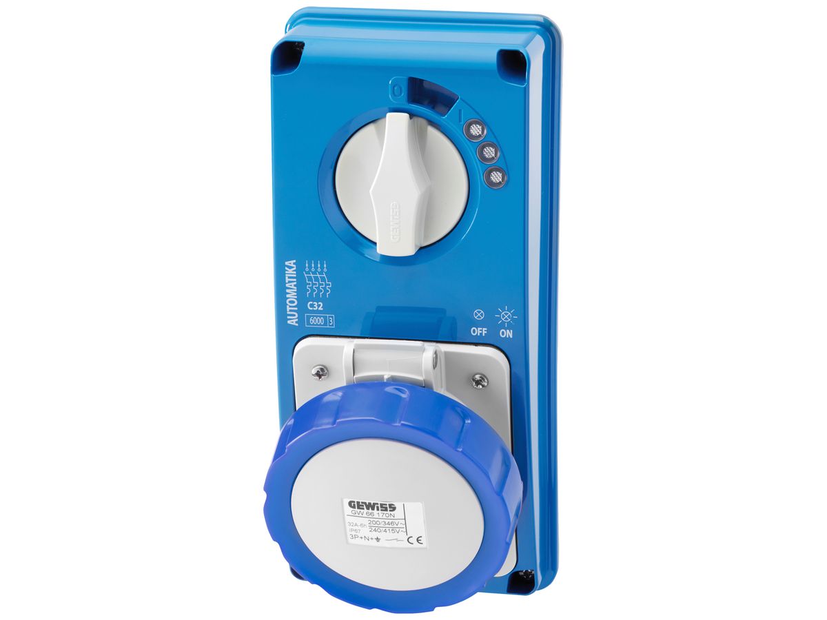 AP-Steckdose CEE Gewiss IB 4P 32A 200…250V bl 9h mecha.Verriegelung Automat IP67