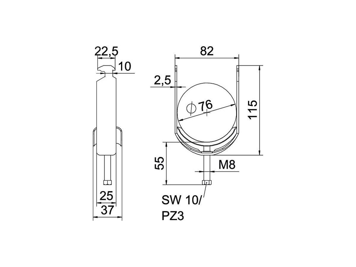 Schnellverleger BET 2056 H-Fuss Metall 70…76mm 1×Kabel A2 1.4301