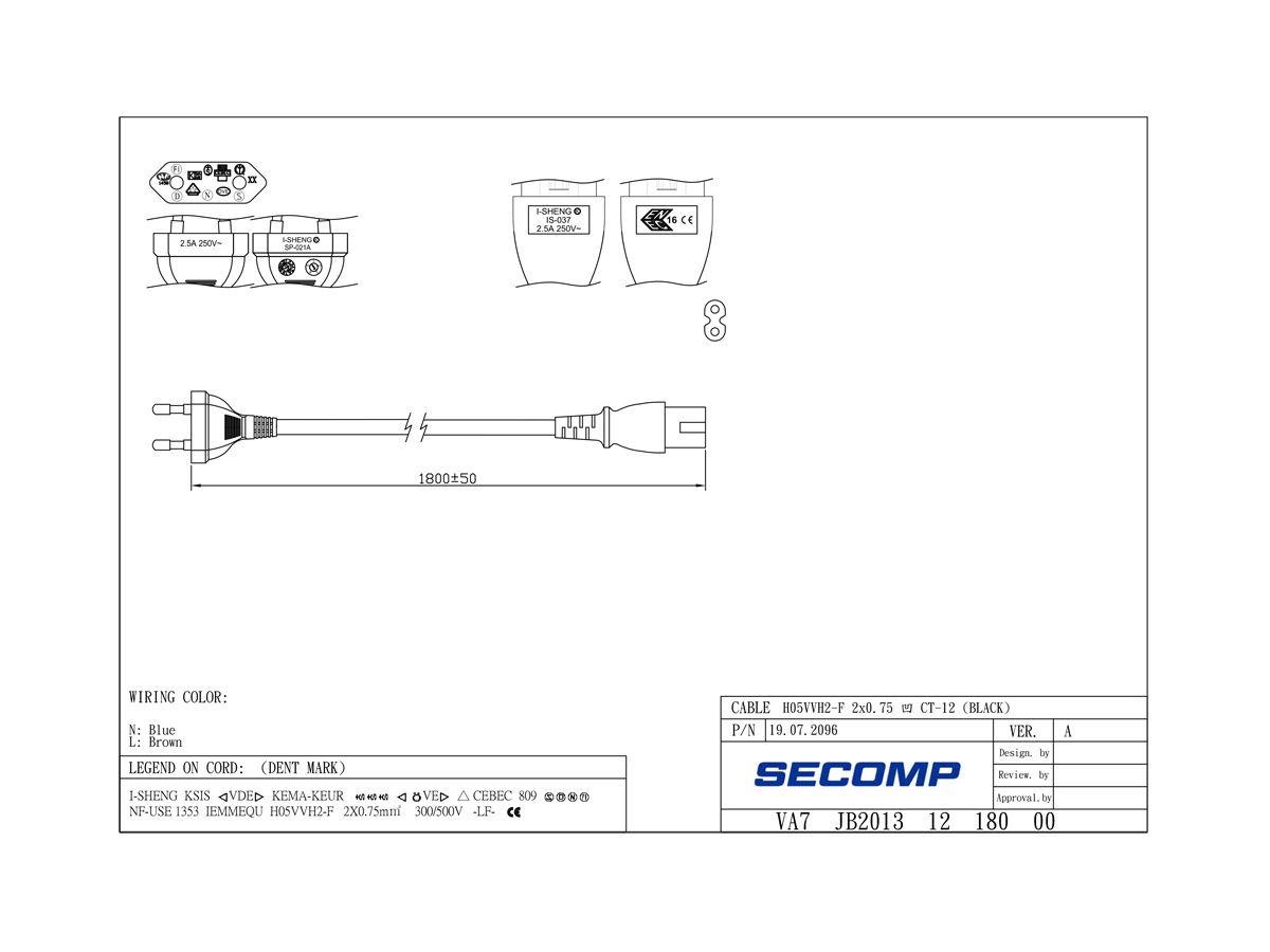 Apparatekabel ROLINE T26 → C7 2×0.75mm² 250VAC/2.5A schwarz 1.8m