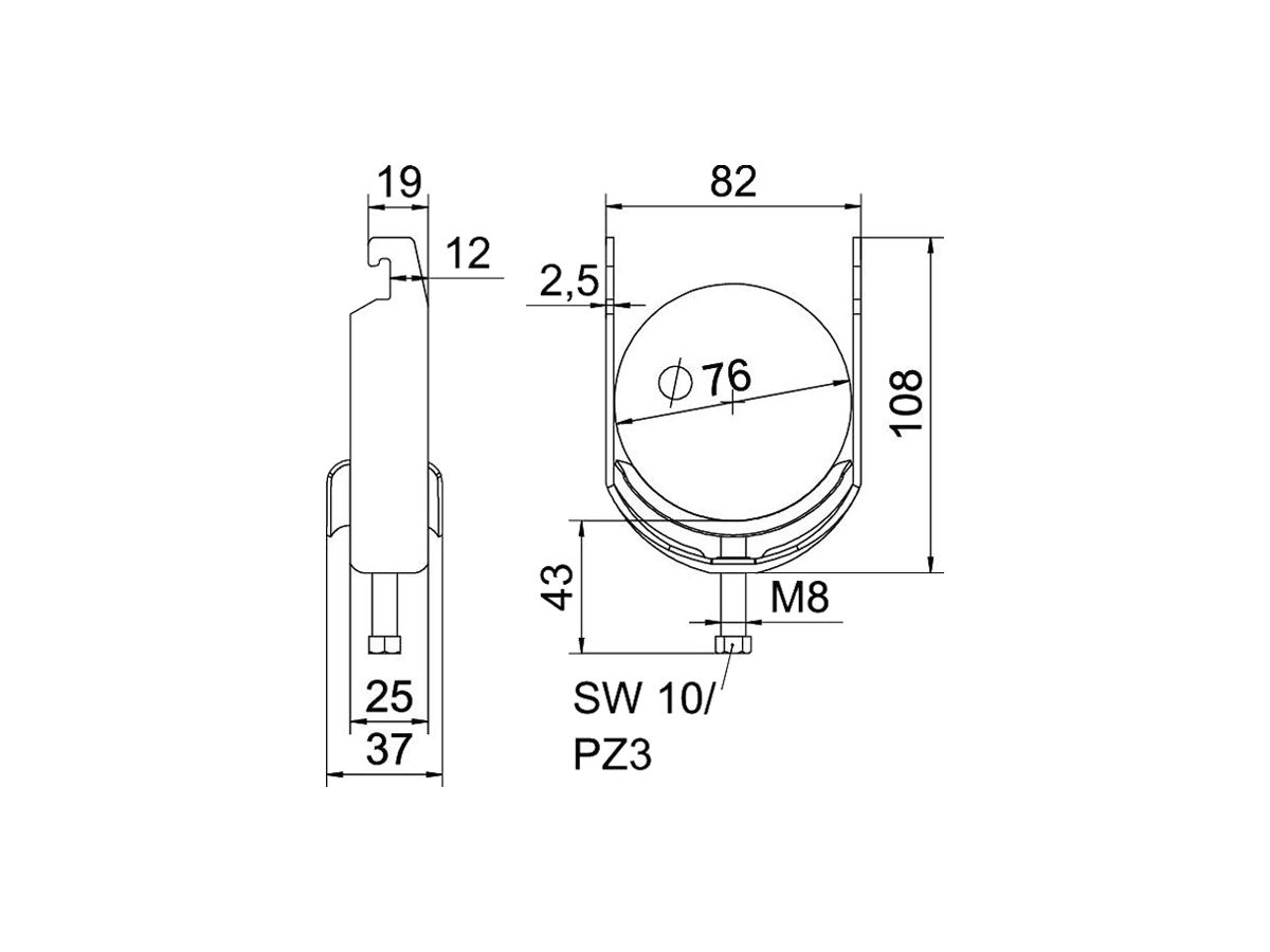 Schnellverleger BET 2056 U-Fuss Metall 70…76mm 1×Kabel A4 1.4571