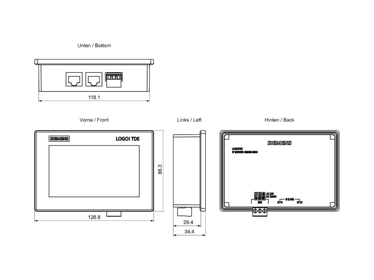 EB-Touchpanel Siemens LOGO! 9 TDE 4.3" 480×272px TCP/IP 24VUC 128.2×86mm