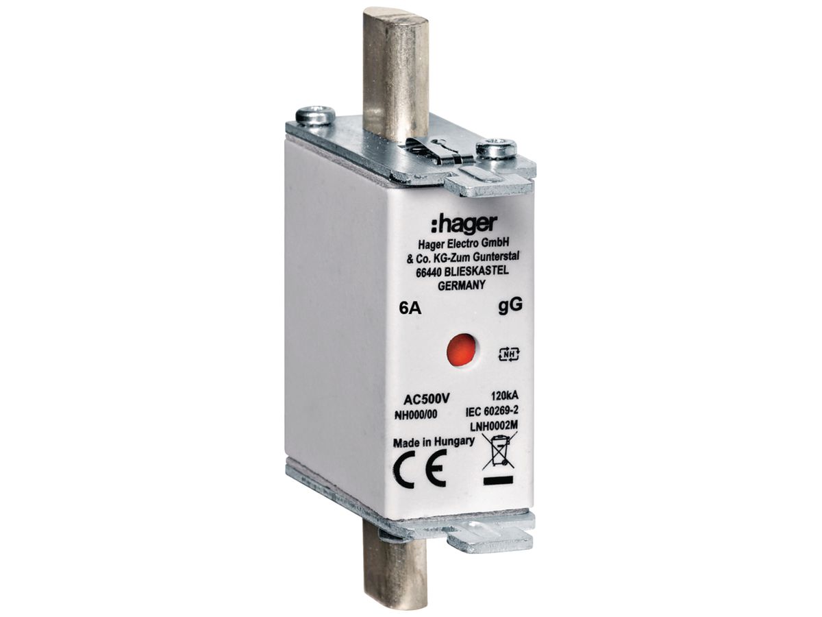 NH-Sicherung Hager DIN000 500VAC 6A gG/gL Doppelkennmelder rostgeschützt