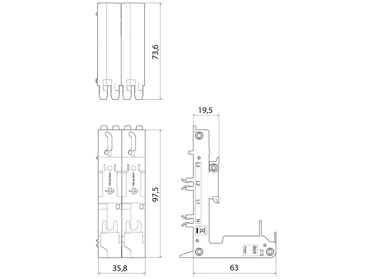 Adapter Hager uniway Bi-Connect 80A, 2P, L3N