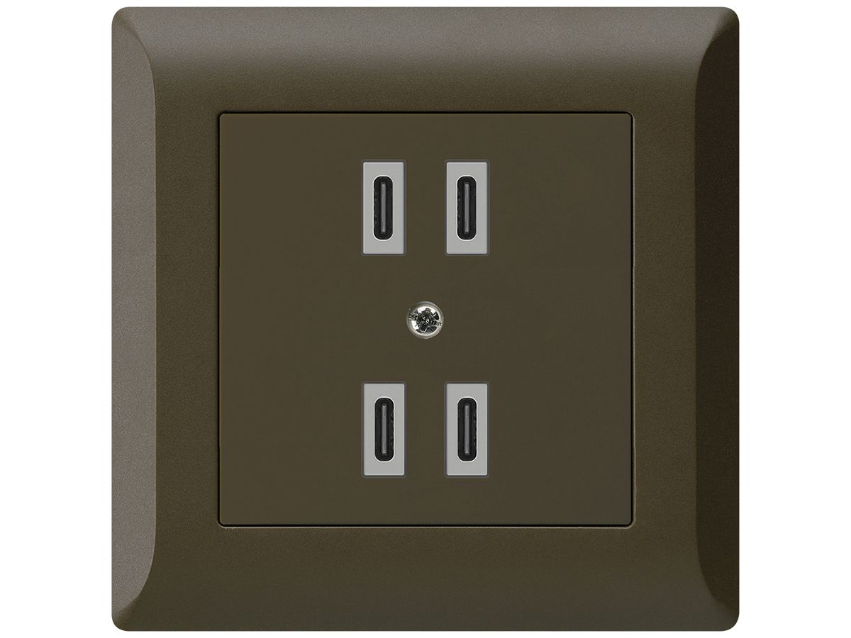 UP-USB-Ladesteckdose Hager kallysto.line 2×C-C 2×20W oder 4×10W 5V 92×92mm braun